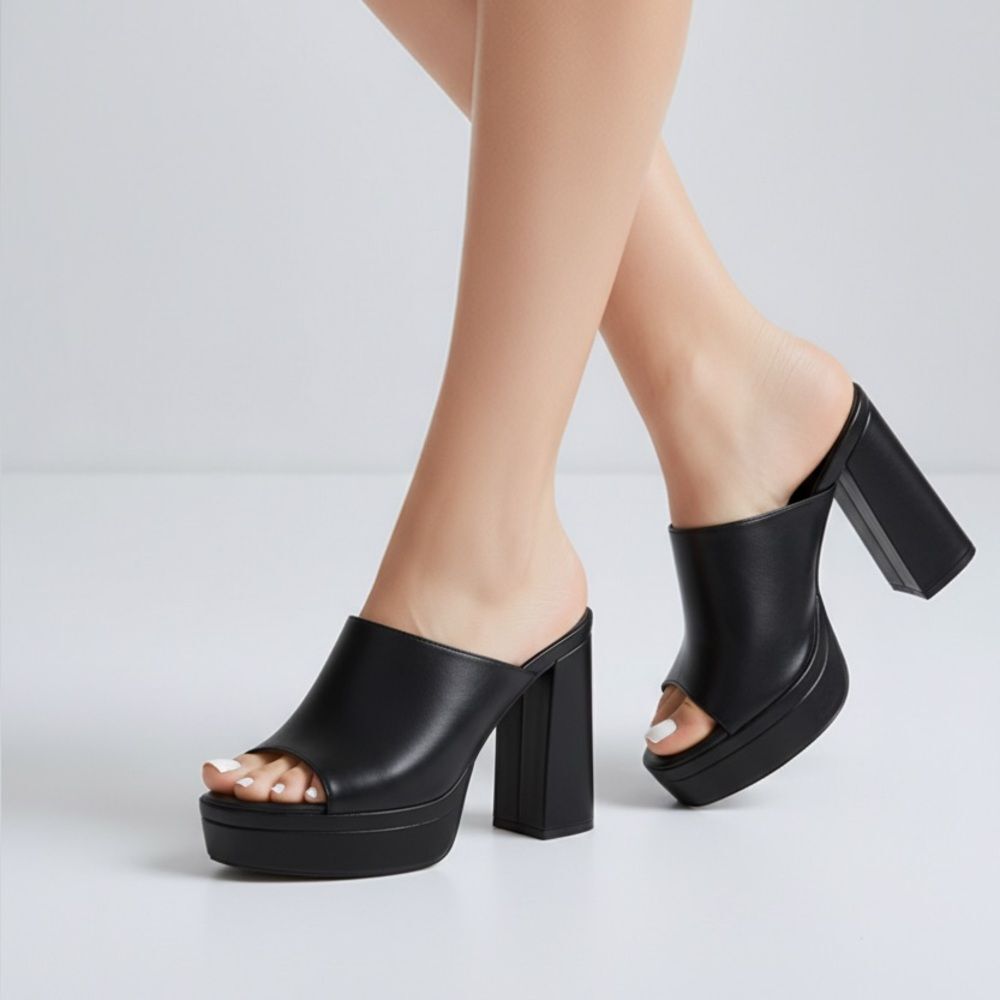OLIVIA black faux leather chunky platform open toe mule heels Y2K size 7